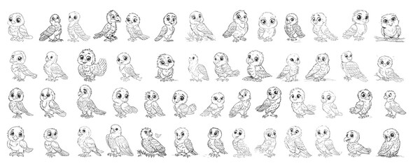 Bird coloring book page elements, black and white doodle set