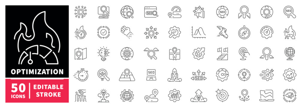 Seo and analytics icons set. editable line icons, optimization, digital marketing symbols