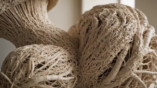 Slow camera zoom on intricate mycelium sculpture displayed as a museum exhibit, highlighting detailed fibrous texture and organic natural form in elegant, softly lit minimalist space.