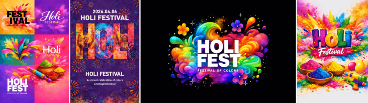 Vibrant Holi festival Indian poster collection with colorful powder splashes, festive typography and playful elements. Bright modern illustration for Holi celebration, event promotions, banner