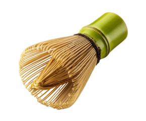 Traditional bamboo chasen whisk for matcha tea ceremony preparation displays its fine natural tines, dark thread knot, and smooth green handle in a detailed composition