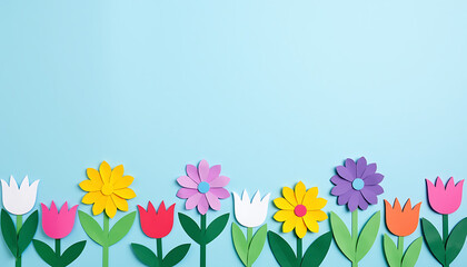 Row of colorful paper cutout tulips and daisies with green stems on light blue background
