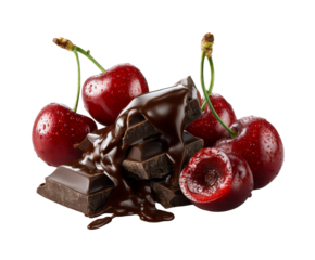 Dark chocolate chunks and juicy red cherries with glistening water droplets are drizzled with a rich, melted chocolate sauce in a luxurious and decadent dessert composition