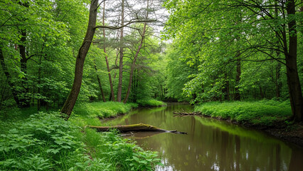 Obraz premium The serene beauty of an untouched forest sanctuary, where a gentle river flows amidst lush green trees and vibrant foliage, embodying natural tranquility