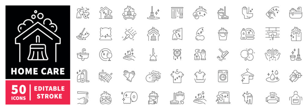 Home care icons set. editable line icons, outline, cleaning and hygiene symbols