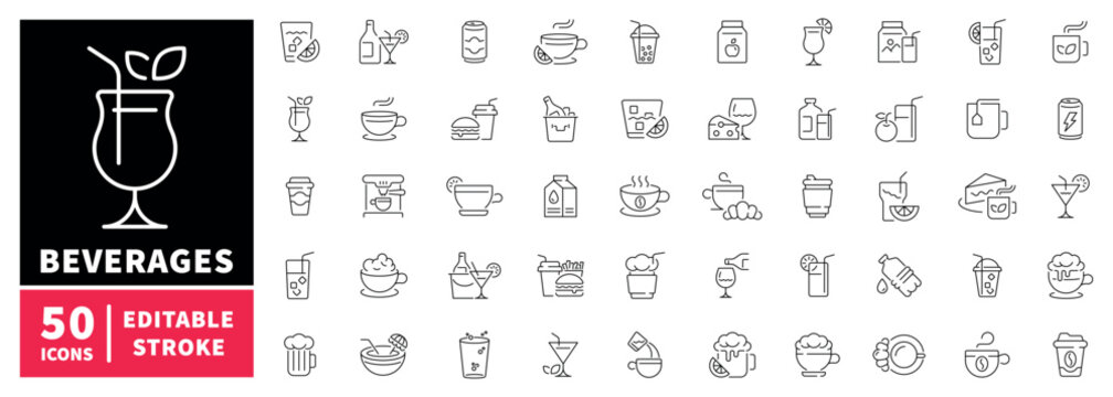 Beverage icons set. editable line icons, outline for drinks and refreshments