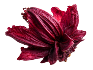 Single dried red hibiscus flower with detailed wrinkled petals and a visible stamen, captured in a dramatic macro studio shot showing its intricate and delicate texture