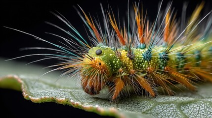 Macro photography of colorful spiky caterpillar on leaf