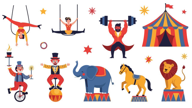 A flat vector set circus themed showing performers and animals in fun, playful poses with bright colors and simple shapes