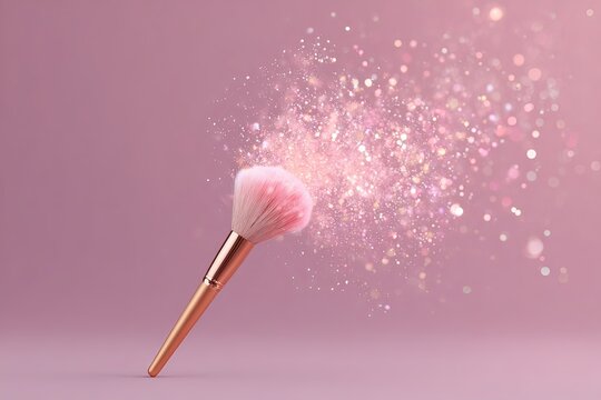 A makeup brush on a pink background. A cloud of powder is flying around