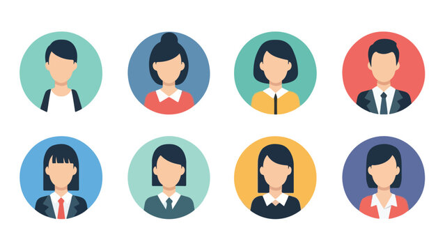 Flat vector set of minimalist user avatars in circular frames. Men and women with faceless designs, clean shapes, solid colors, and a modern flat style. Simple and UI-friendly, suitable for profiles