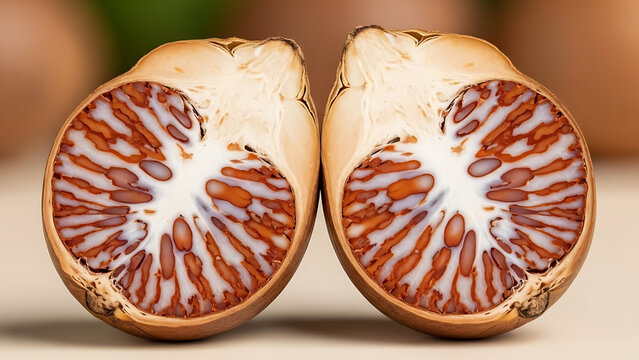 Halved betel nuts (Areca catechu) close-up, revealing intricate internal patterns for traditional Asian use.