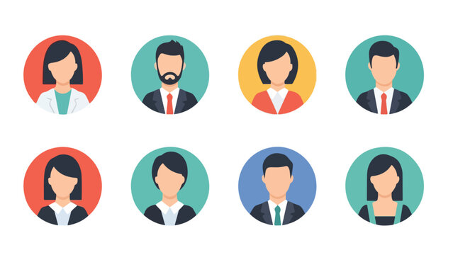 Flat vector set of minimalist user avatars in circular frames. Men and women with faceless designs, clean shapes, solid colors, and a modern flat style. Simple and UI-friendly, suitable for profiles