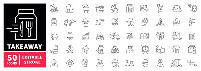 Fototapeta premium Takeaway and food delivery icons set. editable line icons, outline, fast service graphics