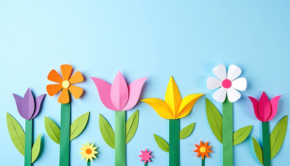 Row of colorful paper cutout tulips and daisies with green stems on light blue background