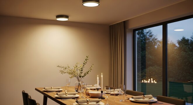 Modern dining room interior illuminated by ceiling fixtures and outdoor fire feature during evening hours