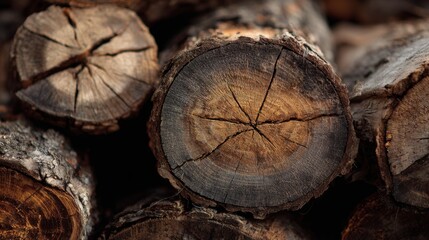 Stacked logs show rough bark and wood grain detail