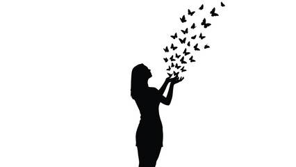 Silhouette of a woman releasing a swarm of butterflies upwards into the white void