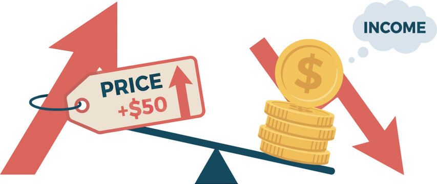 An illustration depicting rising prices and decreasing income, shown on a seesaw with a price tag going up and a stack of coins with a downward arrow and an 'INCOME' thought bubble.