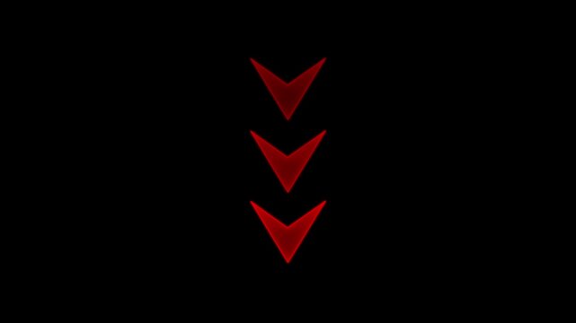 Three Red Arrows Pointing Downward with Reflection arrows icon neon line video animation. 
