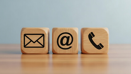 Wooden blocks with email at sign and phone icons on a table for communication and contact