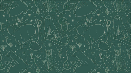 Fototapeta premium cats and plants pattern with hearts and stars on green background