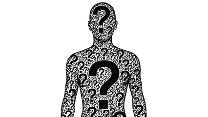 Silhouette of a human body filled entirely with numerous black question mark symbols representing uncertainty