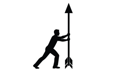 Silhouette of a man struggling to push a giant upward arrow symbol against gravity on white background