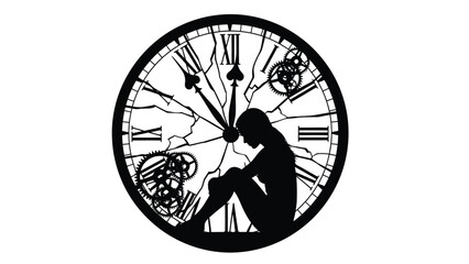 Silhouette of stressed woman sitting inside a broken antique clock face symbolizing pressure