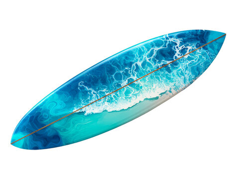 Custom surfboard with an artistic ocean wave design features a beautiful blue and turquoise seascape with a glossy epoxy resin finish and a central wooden stringer
