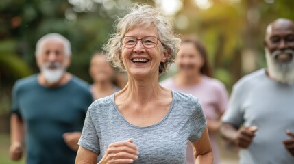 joyful senior group jogging in morning park, smiling and healthy, correct anatomy
