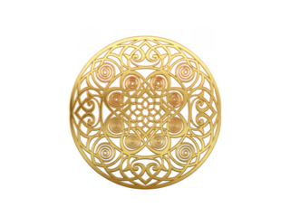 Intricate golden filigree medallion isolated on transparent background