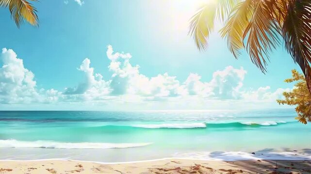 Vibrant sunset over a tranquil beach with gentle waves lapping against the shore, palm trees silhouetted against the colorful sky, creating a serene coastal scene	
