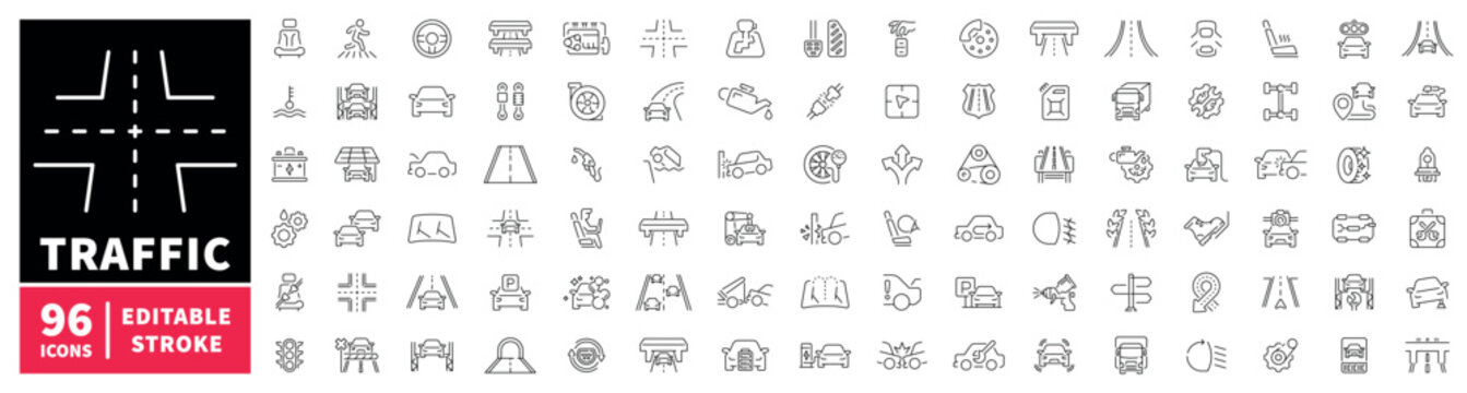 Traffic icons set. editable line icons, road, transport, outline style symbols