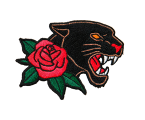 Embroidered black panther and red rose patch with a classic tattoo style design showing the fierce animal growling with sharp teeth next to the beautiful flower
