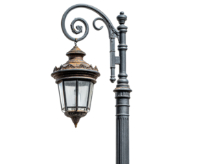 Old ornate black cast iron lamppost with a hanging lantern showing signs of rust and weathering, featuring intricate scrollwork and detailed vintage design elements