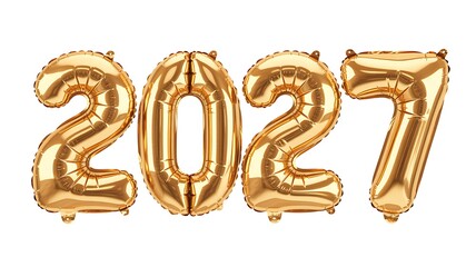 Naklejka premium Gold balloons in the shape of 2027 on white background shiny reflective desi