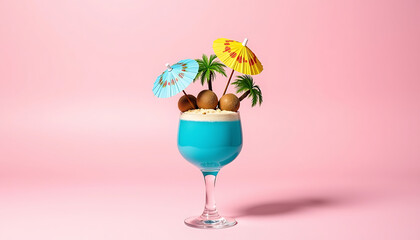 Tropical blue cocktail with coconut slices yellow umbrella palm leaf on pink background