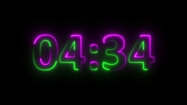 Animation of glowing neon 5 minute countdown timer .5 minute stopwatch , analog neon clock icon animation. Motion graphics of neon countdown concept.