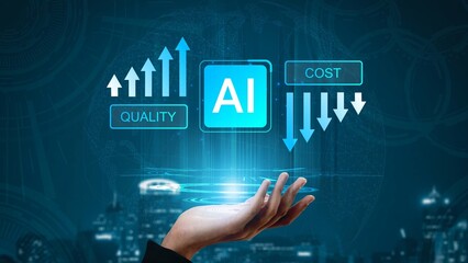 Hand holding holographic interface displaying arrows indicating quality increase and cost decrease with AI emphasis representing technological advancement and innovation Gluon.