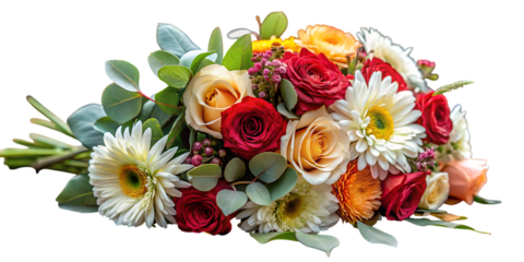 Colorful bouquet of roses and daisies on white isolated on a transparent background flowers eucalyptus