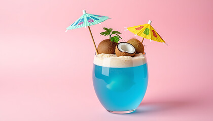 Tropical blue cocktail with coconut slices yellow umbrella palm leaf on pink background