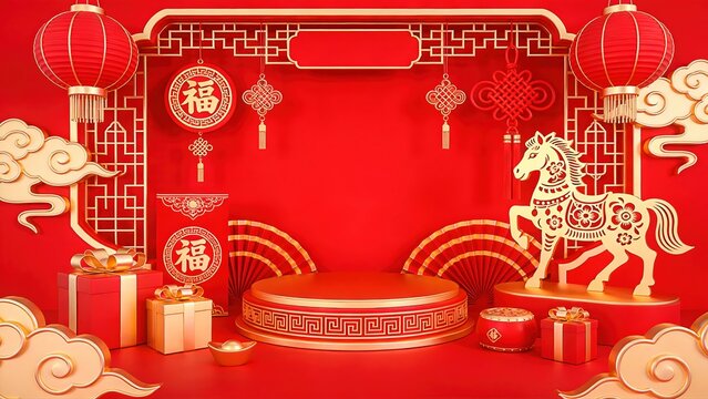 2026 Lunar New Year Podium with Horse Zodiac and Traditional Decorations