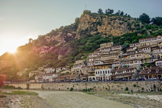 facades of old houses in Berat city, Albania, at sunset. a Unesco World Heritage Site