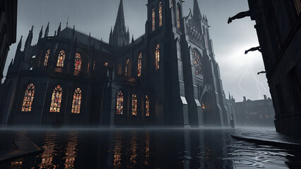 Dramatic, noir-inspired gothic cathedral in a dark, rain-slicked city under lightning. High-contrast, desaturated aesthetic for mystery thrillers, horror game art, historical fantasy book covers,