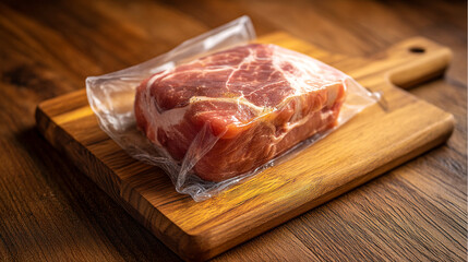 Fresh Raw Beef Steak Vacuum Sealed for Sous-Vide Preparation on a Wooden Cutting Board