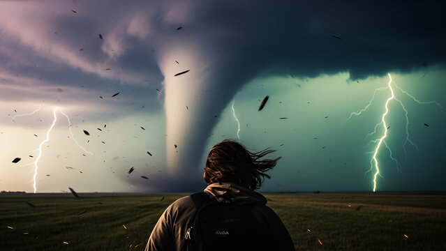 A storm chaser faces a monstrous, mile-wide tornado on plains under a bruised purple-green sky with lightning, debris, and violent winds. Ideal for disaster films, weather news,