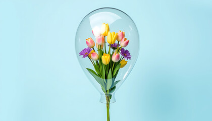 Bouquet of colorful tulips and daisies inside transparent glass balloon on blue background