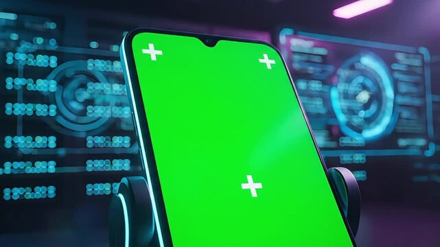 Smartphone with green screen on futuristic interface background