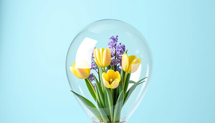 Bouquet of colorful tulips and daisies inside transparent glass balloon on blue background